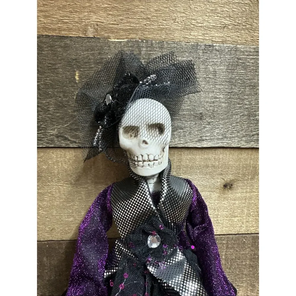 Halloween Skeleton Shelf Sitter black Dress Purple Tulle 18” Figurine